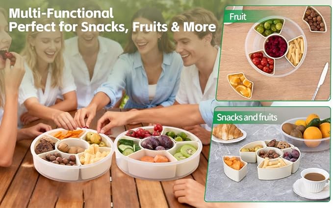Divided Serving Tray with Lid – 6 Compartment Snack Organizer for Fruits, Veggies & Appetizers – Party Charcuterie Platter Box – Microwave, Dishwasher & Freezer Safe