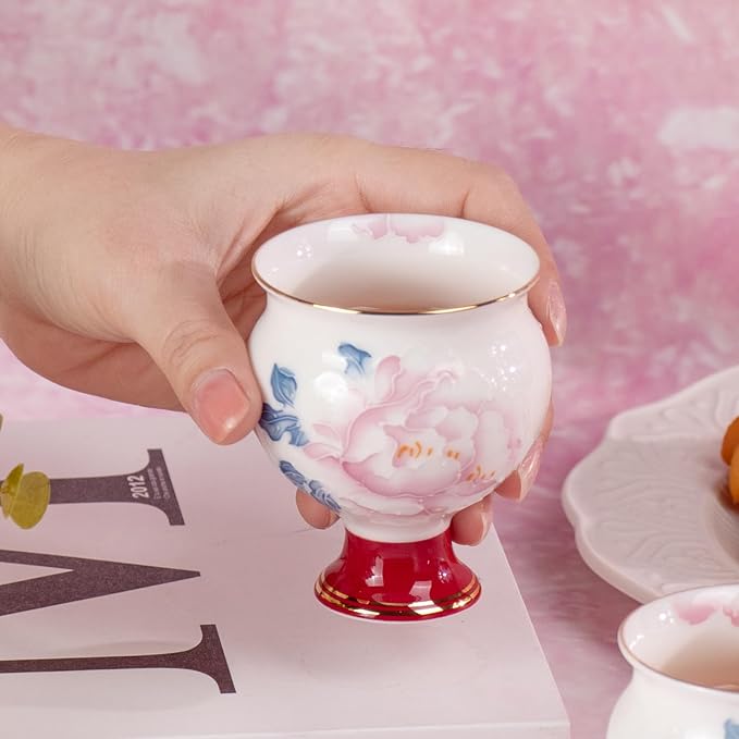 KAMMAK Red Makeup and Youth - Big-bellied, high-footed Cup,Tea Cup 3.2oz Small Tea Cups Set of 2, Red Porcelain Tea Cup Set,Asian Ceramic Teacups for Home, Party, Office