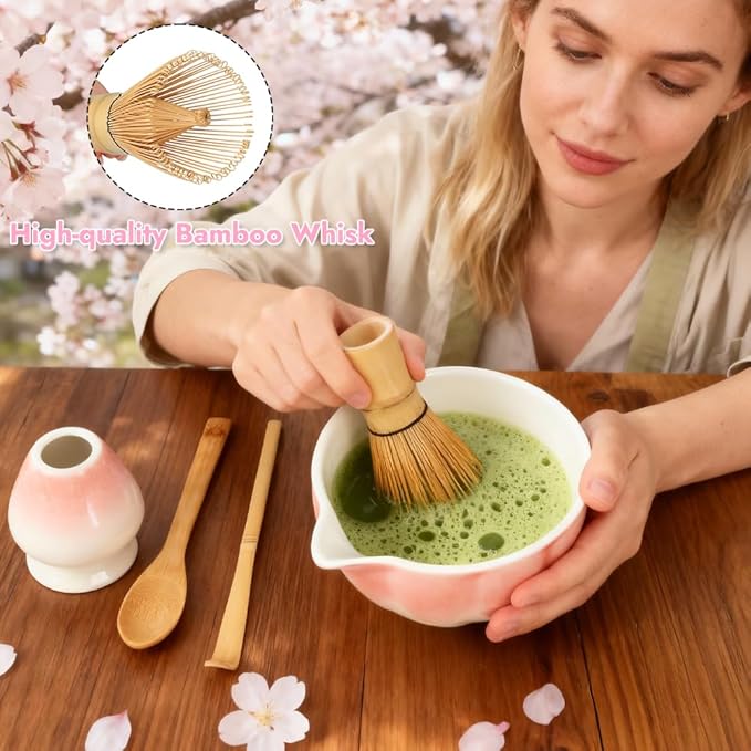 Matcha Whisk Set, 6 PCS Matcha Set-Ceramic Bowl, Matcha Whisk, Whisk Holder, Scoop, Spoon & Sifter, Complete Tea Ceremony Kit Set, Gift Box for Friends & Family, Christmas, Birthday (Pink)