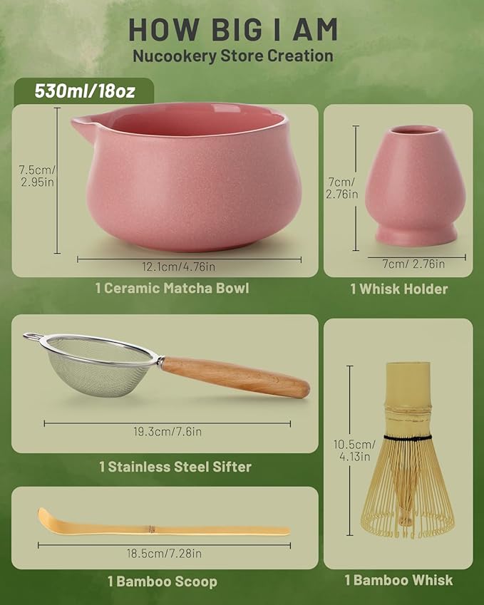 Nucookery Matcha Whisk Set - 5 Pcs Matcha Set with 18oz Ceramic Matcha Bowl (Chawan) with Spout, Bamboo Whisk & Holder, Scoop and Sifter | Complete Matcha Kit for Japanese Tea Ceremony (Pink)