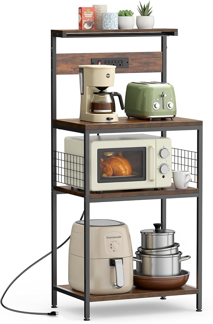 Sweetcrispy Kitchen Bakers Rack with Power Outlet, Coffee Bar Table 4 Tiers, Microwave Oven Stand Station, Adjustable Storage Shelf Freestanding Appliance Organizer - 23.6 Inch, Rustic Brown