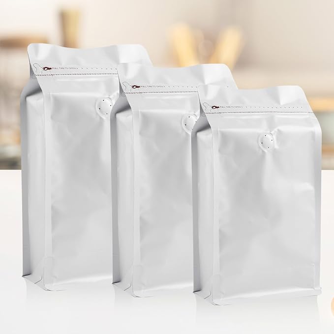 50 PCS Upgraded Coffee Bags with Valve (White, 8 oz/0.5 lb), Black High Barrier Aluminum Foil Flat Bottom Standing Coffee Bean Storage Bags, Heat Sealable Resealable Bag for Home.