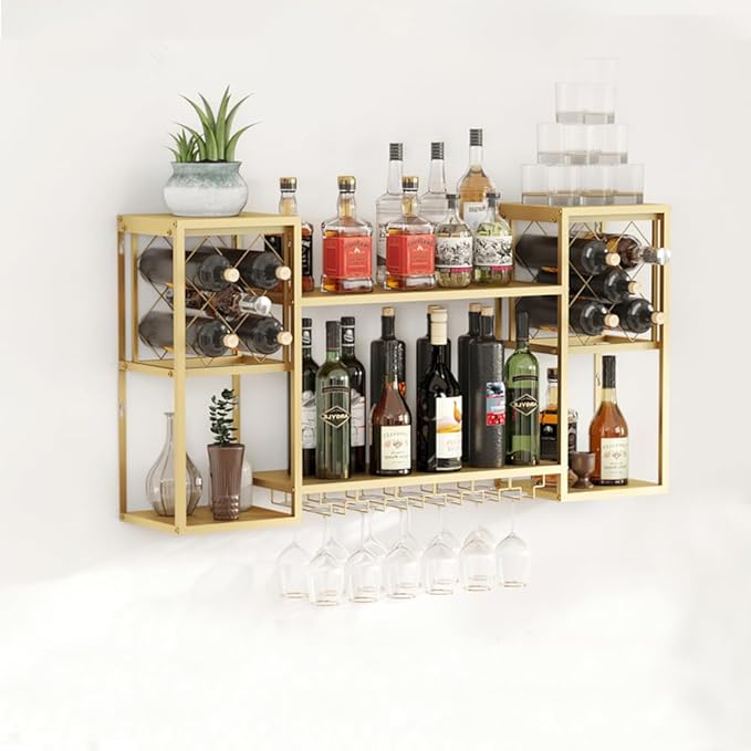 Metal Wall Mounted Wine Rack with Glass Holder, 2 Tier Mini Floating Bar Shelves, Liquor Bottle Display Shelf for Home Bar Kitchen Dining Room (Gold)
