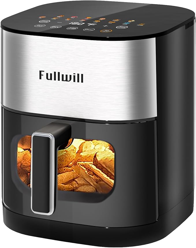 Fullwill Vision Pro 6QT Air Fryer with Large Square Viewing Window,Base and Upper Heating,12 Presets for Chicken Wings,Steak,Fries,Pizza and More,Non-Stick and PFOA-Free,Fast and Oil Free Cooking
