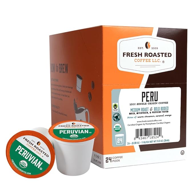 Fresh Roasted Coffee, USDA Organic Peru | 3rd Party Tested for Pesticides, Mold, Mycotoxins, Kosher | 100% Arabica, Specialty Grade, Med Roast 24 Pods for K Cup Brewers