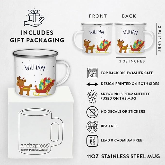Andaz Press Personalized Name 11oz. Kids Christmas Hot Chocolate Stainless Steel Campfire Coffee Mug Adorable Rudolph Reindeer Sleigh, 1-Pack Custom Birthday Xmas Cup Hot Cocoa Mugs Christmas Mug Kids