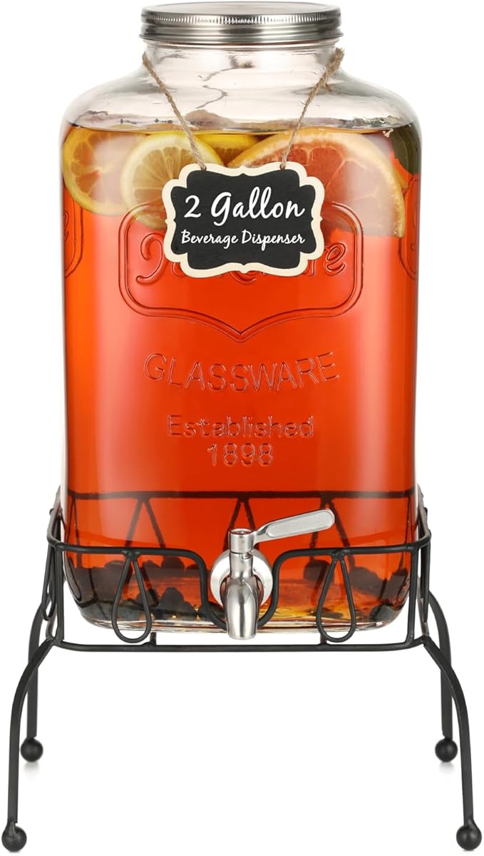 2 Gallon Glass Beverage Dispenser with Stand, Stainless Steel Leakproof Spigot and Lid, Glass Drink Dispensers for Parties, Water Beverage Dispenser