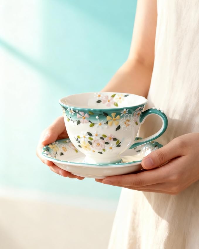 Exquisite Bone China Tea Cups and Saucer Set – Elegant Porcelain Tea Cups, Beautifully Detailed for Tea Lovers, Gift-Ready for Christmas, Hostess, Holiday Gift & Fall Decor