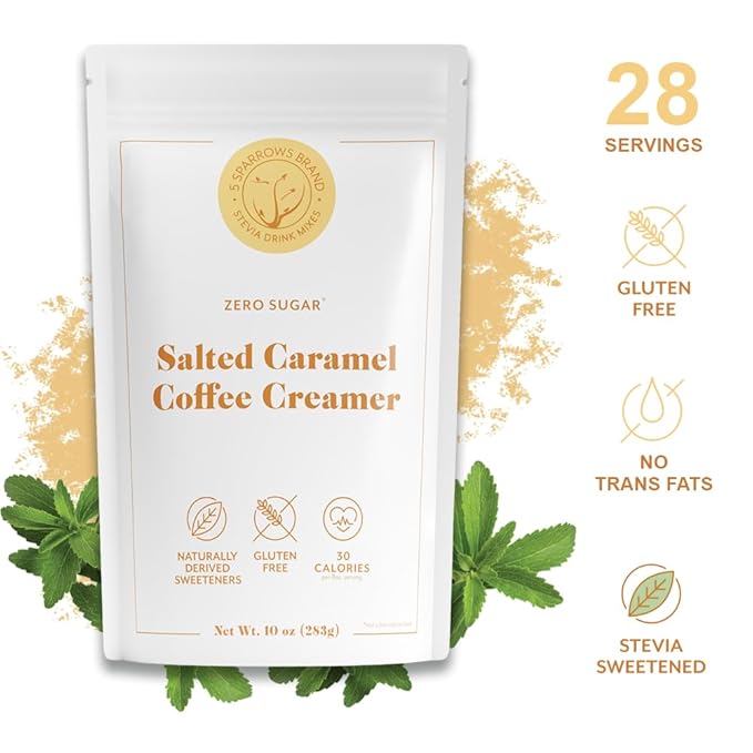 5 SPARROWS Sugar-Free Salted Caramel Powder Drink Mix- Stevia, Keto Friendly, No Sugar Coffee Creamer, 10 oz
