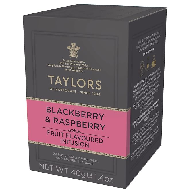 Taylors of Harrogate Blackberry & Raspberry, Herbal Tea, Individually Wrapped Bags, 20 Count (Pack of 1), Sweet, Tart & Tangy, Caffeine-Free, Enjoy Hot or Iced, 20 Teabags