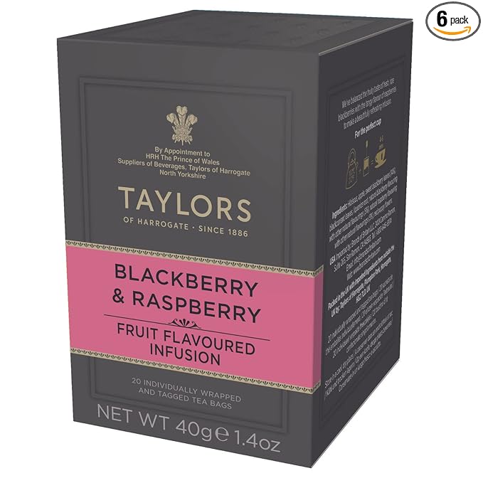 Taylors of Harrogate Blackberry & Raspberry, Herbal Tea, Individually Wrapped Bags, 20 Count (Pack of 6), Sweet, Tart & Tangy, Caffeine-Free, Enjoy Hot or Iced, 120 Teabags Total