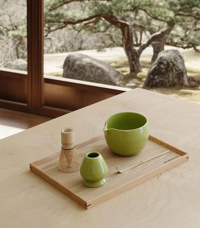 Matcha Whisk Set, Ceramic Matcha Bowl & Whisk Holder, Bamboo Accessory, Modern Design (Avocado Green, Pouring Spout)