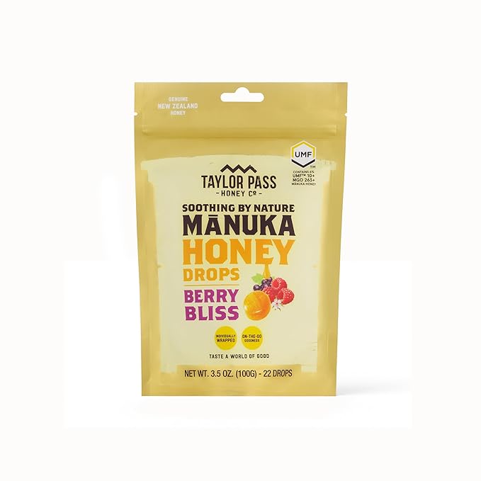Taylor Pass Honey Co Mānuka Honey Drops UMF™ 10+ | Berry Bliss | Mānuka Honey Lozenges | Soothing Natural Manuka On-the-Go | 22 Individually Wrapped Drops | Made in New Zealand