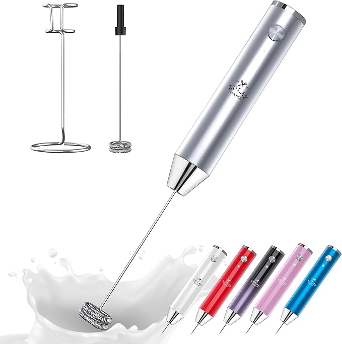 Zulay Kitchen Lux Electric Milk Frother Rechargeable Handheld - Powerful 2-Speed Motor, Waterproof, 2000mAh Battery - Drink Mixer for Latte, Cappuccino, Matcha & Protein Powder - Pure Silver