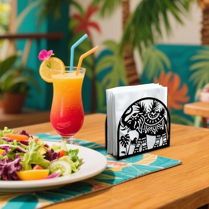 Elephant Decorative Black Metal Napkin Holder for Table, 5.3" x 4.9" x 1.9" Animal Leaf Standing Napkin Holder for Home Kitchen Restaurant Picnic Party Coffee Bar Dining Room