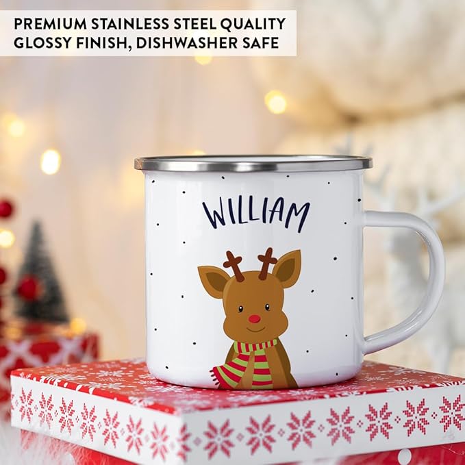 Andaz Press Personalized 11Oz. Kids Christmas Hot Chocolate Stainless Steel Campfire Coffee Mug, Adorable Rudolph Reindeer Red Green Scarf, 1-Pack Custom Birthday Xmas Cup Christmas Mugs Hot Cocoa Mug