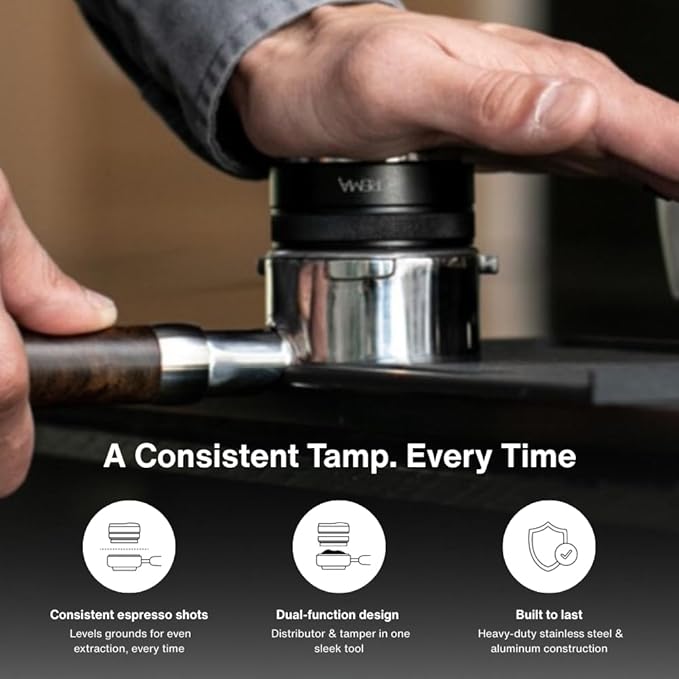 CREMA Coffee Products 54mm Hand Tamper & Coffee Distributor | Compatible with Breville Portafilters | Double-Sided, Adjustable Depth Tool | Made with Durable 304 Stainless Steel | White