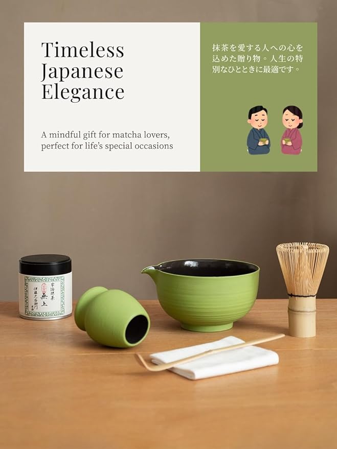 6-pcs Japanese Matcha Whisk Set, Handmade Ceramic Matcha Set with Bowl(Chawan),Bamboo Whisk(Chasen) and Holder, Scoop, Sifter & Tea Towel,Matcha Kit for Ceremony (Matcha Green)