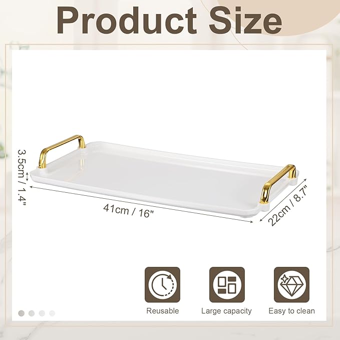 uxcell Plastic Serving Tray with Golden Handle, 16 x 8.7 Modern Rectangular Decorative Tray Acrylic Reusable Tea Platter for Countertop Bathroom Kitchen Home Restaurant, White