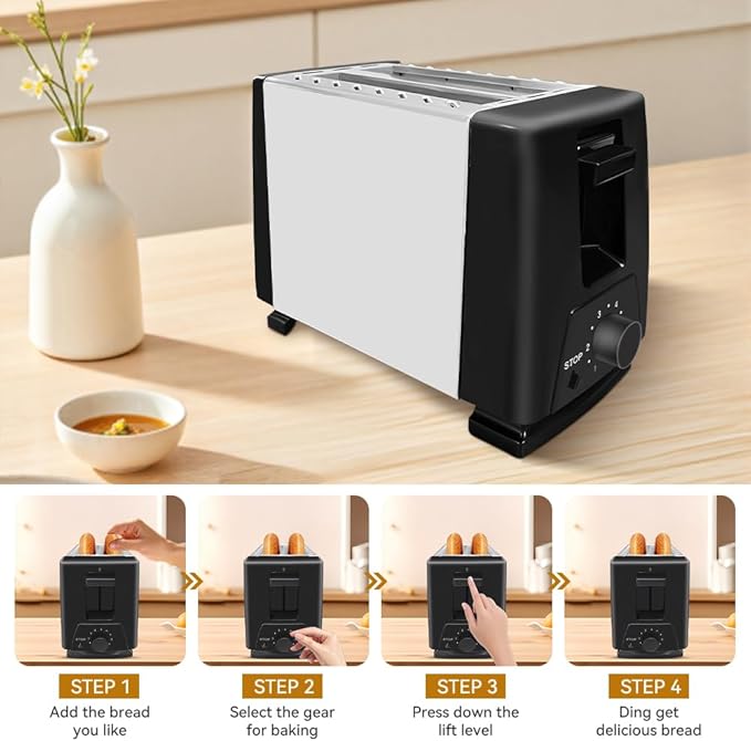 Sleek 2-Slice Toaster with Wide Slots – 6 Adjustable Settings, Defrost for Frozen Bread, Removable Tray, Compact Stainless Steel Design – Modern kitchen appliances Essential (Black)