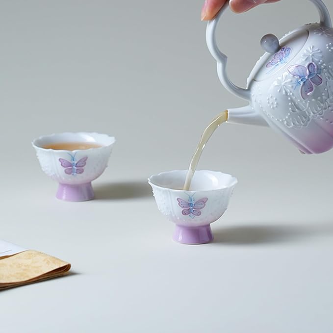 KAMMAK Tea Cup, 1.3oz Mini Porcelain Tea Cups Set of 2, Ceramic Teacups with Short Stem, Cute Teacup Set for Home, Tea Party, Chinese Kungfu Tea Set for Hot/Cold Drink (Purple Curtain Butterfly)