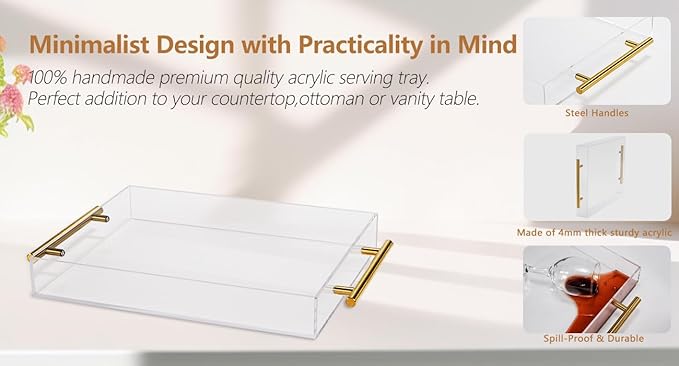 Clear Acrylic Lucite Serving Tray with Metal Handles,No Need to Assemble,11x14 Inch,Decorative Storage Organizer with Spill-Proof Design,Serving for Coffee,Breakfast,Dinner and More