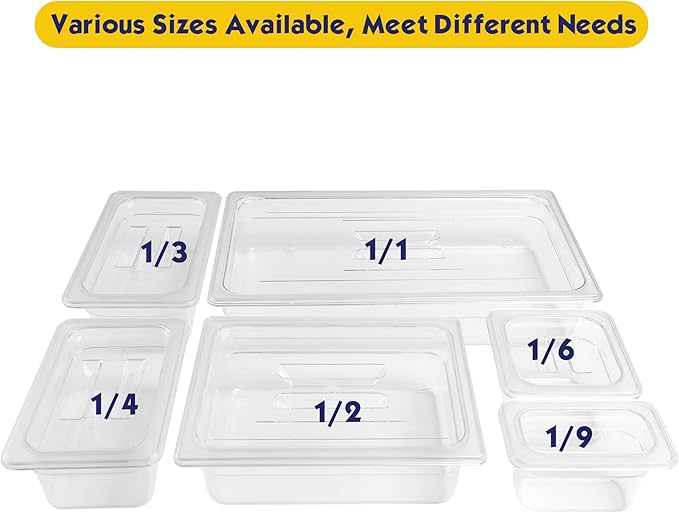 6 Pack NSF Food Pans with Lids, 1/4 Size 4'' Deep Commercial Food Storage Containers, Polycarbonate, Clear