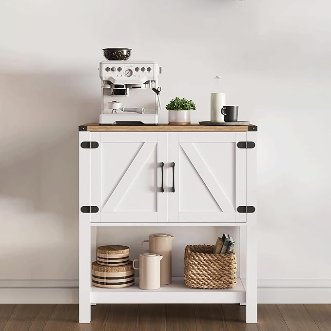 Cheersstar Farmhouse Console Table with 2 Storage Cabinets, Coffee Bar, Entryway Table with with Storage Shelf, Farmhouse Buffet Sideboard for Kitchen, Hallway, Entry Way, Living Room, White