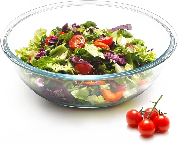 NUTRIUPS 5QT Big Tempered Glass Salad Bowl, 13 inch Clear Glass Bowls for Mixing, Prepping, Storage, Large Shallow Flat Bottom Bowl for Sourdough