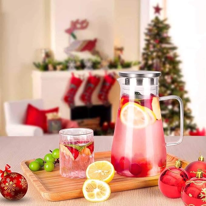 Hwagui - Large Heat Resistant Glass Pitcher with Stainless Steel Lid, Water Carafe with Handle, Good Beverage Pitcher for Homemade Juice and Iced Tea, 1800ml/61oz