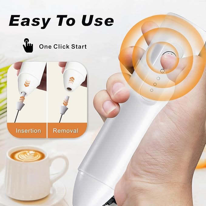 Rechargeable Milk Frother Handheld, USB-C Coffee Foam Maker with Stainless Steel Whisk ＆ 3 Speeds, Coffee Frother Electric Hand Drink Mixer Stirrer for Matcha, Powder Drink, Frappe, Xmas Gift (White)