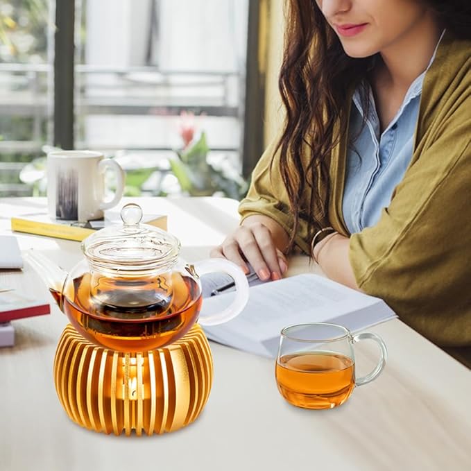 Teapot Warmer, Aluminum Tea Warmer with Wooden Base, Candle Heater for Heating Tea, Coffee, Milk, Food,Camping and Traveling, Universal Teapot Heater (Small-Metal Base(No Wooden))