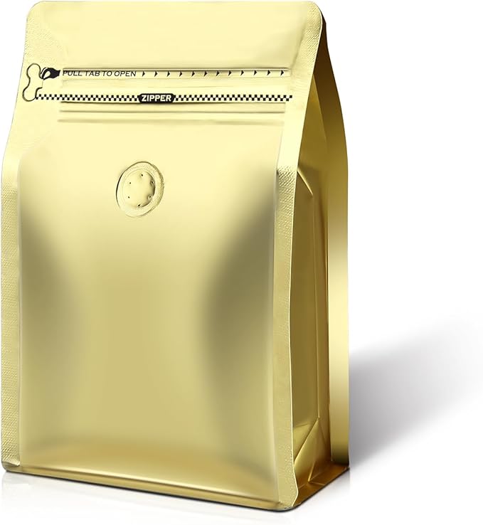 Coffee Bags with Valve(60pcs,16 oz,1 lb) Vented Coffee Beans Packaging Bags High Barrier Aluminumed Foil Flat Bottom Heat Sealed Side Zipper Resealable Storage Bag for Home or Business（Gold）