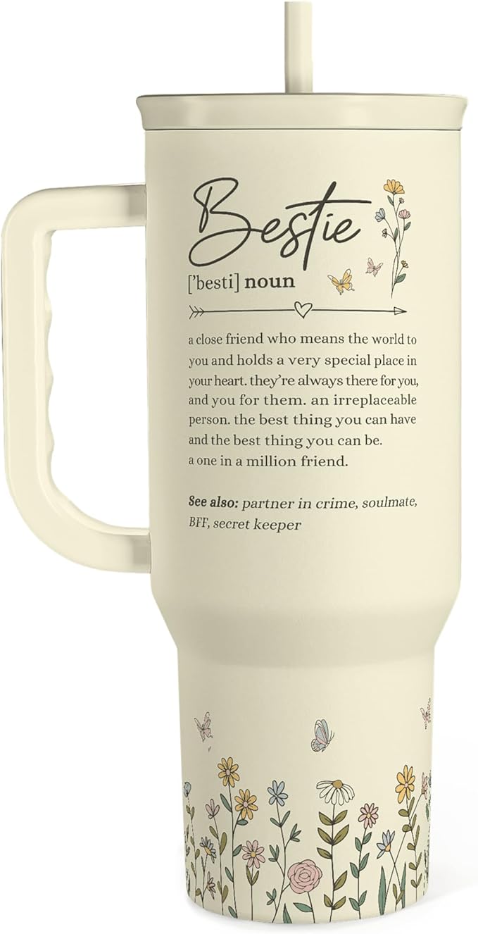 Best Friend Tumbler with Handle 40oz, Bestie Cups for Women Stainless Steel Coffee Travel Tumblers with Straw, Bestie Gifts for Female Friends BFF, Friendship Gift for Birthday Christmas Valentines