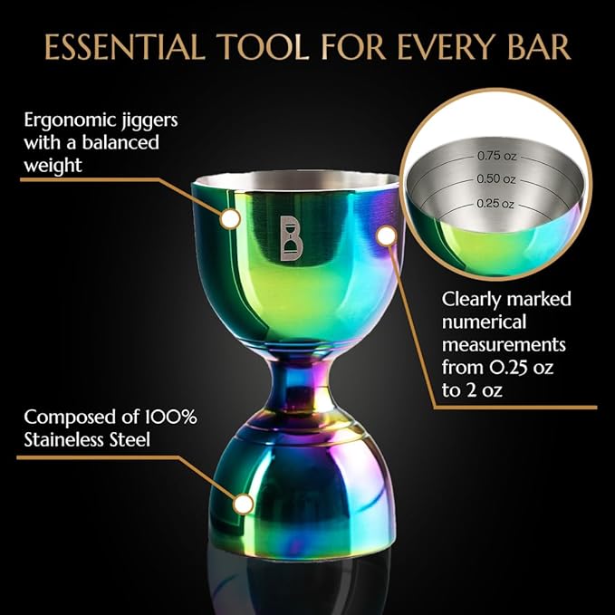 Double Bell Jigger by Bull In China - 0.25oz to 2oz Measures for Cocktails, Bars & Bartenders (Rainbow Chrome)