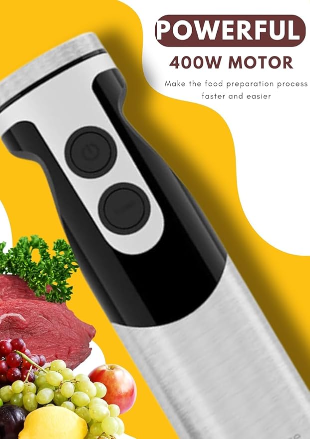 MegaWise Pro Titanium Reinforced 5-in-1 Immersion Hand Blender, Powerful 400W with 80% Sharper Blades, 12-Speed Corded Blender, Including 500ml Chopper, 600ml Beaker, Whisk and Milk Frother (Black)
