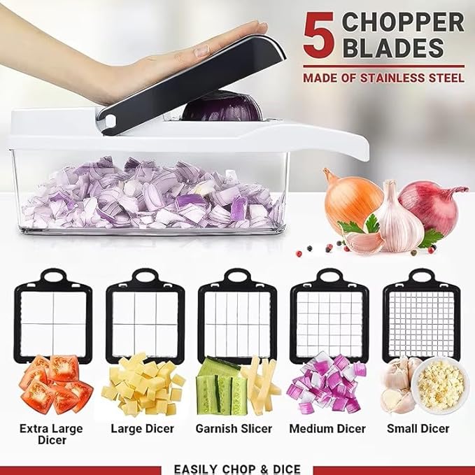 DOSTDR - Vegetable Chopper, Mandoline Slicer, Veggie Chopper, Food Chopper with Container, Vegetable Cutter & Spiralizer for Onion Salad Vegetable Chopper, Fruit Slicer, Shredding, Multi-Function