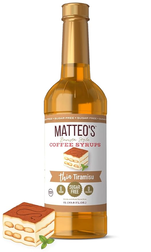 Matteo's Tiramisu Syrup for Coffee, Lattes, Cappuccinos & Desserts – Sugar-Free Sweetener for Beverages, Keto Friendly, Zero Calories, Indulgent Flavor, Non-Alcoholic, Ideal for Coffee 33.8oz (1pk)
