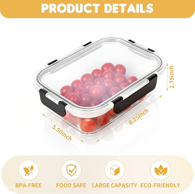 6 Pack 36 OZ Glass Food Storage Containers with Lids, Glass Meal Prep Containers set, Airtight Lunch Containers with Lids, Microwave, Oven, Freezer and Dishwasher Safe