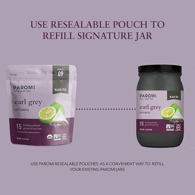 Paromi Earl Grey Organic Black Tea, Signature Jar, 15 Count