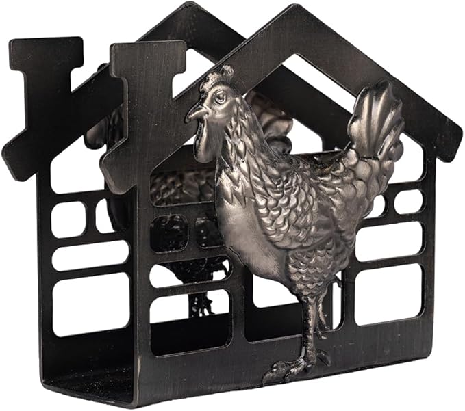 Metal Napkin Holder for Table, Antique Rooster Decorative Farm Style, Rustic Vertical Tissue Paper Napkins Holder for Paper Napkins (Rooster/Black)