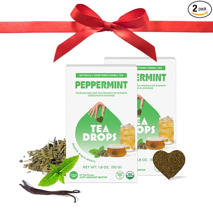 Tea Drops Lightly Sweetened Organic Tea Bulk Box | Sweet Peppermint | Caffeine Free | Iced or Hot Herbal Tea Beverages Gift Set | Includes Organic Peppermint Oil & Spearmint Leaves | 10 Drops per Box