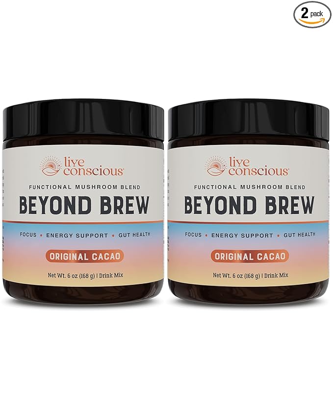 Live Conscious Beyond Brew - Superfood Coffee Alternative - Low Caffeine - Lion’s Mane, Reishi, Cordyceps & Chaga for Sustained Focus, Energy & Immunity - w/ Prebiotics & Probiotics Supports Gut Health 6 oz (2-Pack)