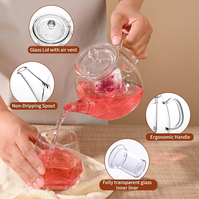 Glass Teapot with Removable Clear Infuser, Ehugos 800ml/27oz Heat Resistant Borosilicate Glass teapot Blooming and Loose Leaf Tea Maker, Microwave & Dishwasher Safe