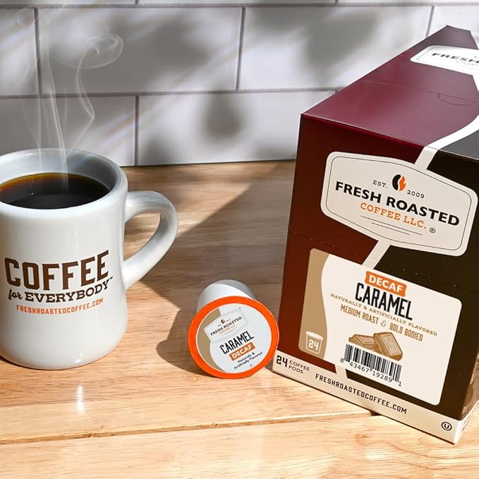 Fresh Roasted Coffee, Decaf Caramel, Flavored Coffee Pods, K-Cup Compatible, 24 Count