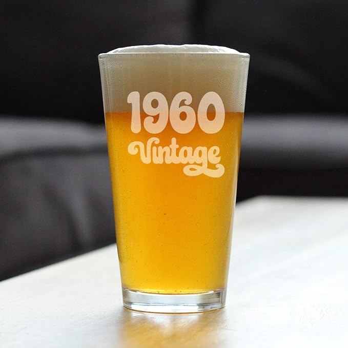 Vintage 1960 Pint Glass for Beer - 65th Birthday Gifts for Men or Women Turning 65 - Fun Bday Party Decor - 16 oz
