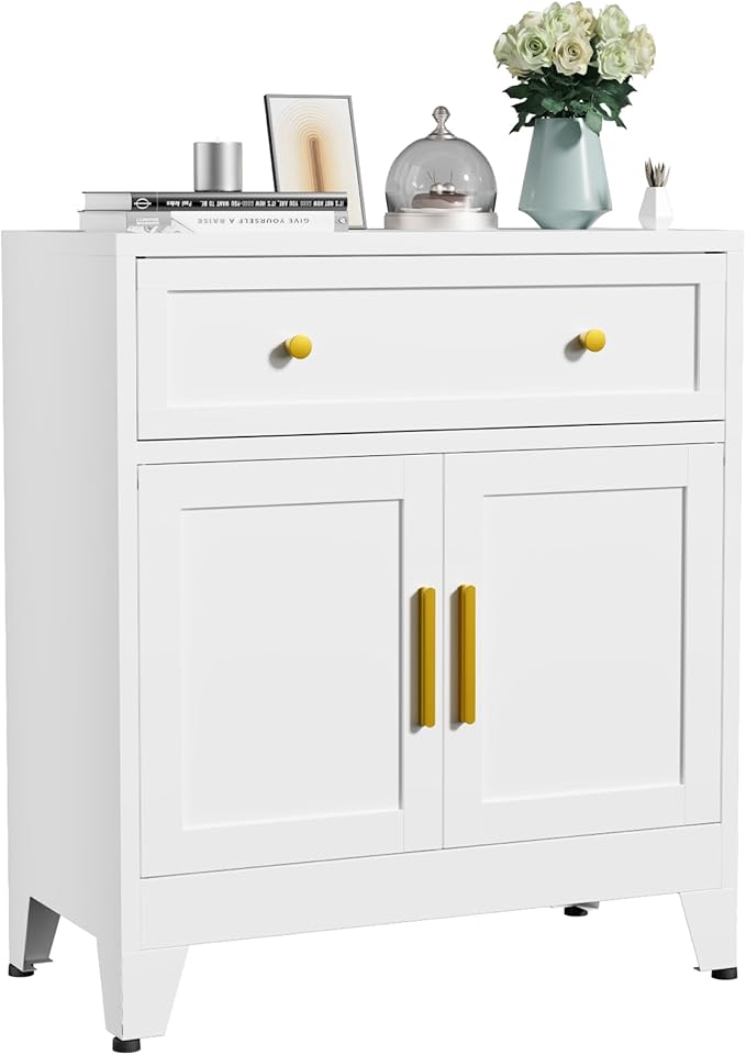 Small Metal Storage Cabinet with Drawer, 35.4" Freestanding Sideboard Cabinets with 2 Doors and Adjustable Shelf, Metal Accent Cabient for Home Office, Dining Room, Living Room, Bathroom, Entryway