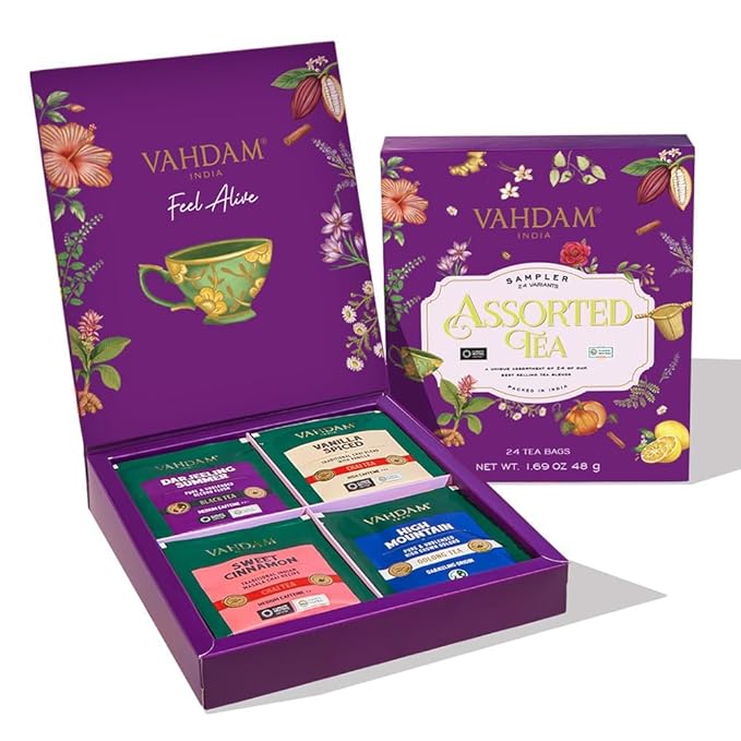 VAHDAM, Classic Tea Sampler Gift Set | 24 Unique Flavor in Individually Wrapped Pyramid Tea Bags in Classic Box | Assorted Tea Gift Set | Christmas Gifts for Women & Men