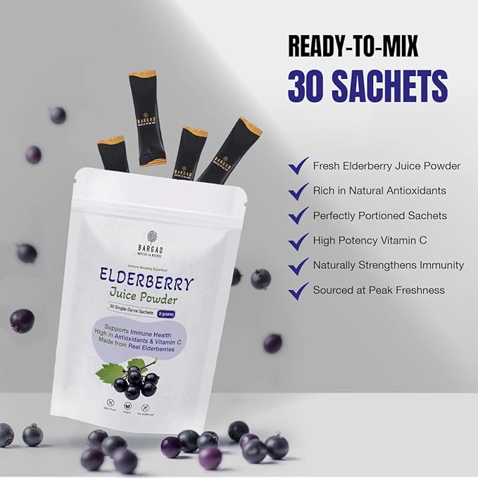 Elderberry Juice Powder| Supports Healthy Immune System, 100% Natural & Vegan | Pure Sambucus Nigra Extract | Non-GMO, Gluten-Free | No Sugar Added | Convenient Travel 30 sachets