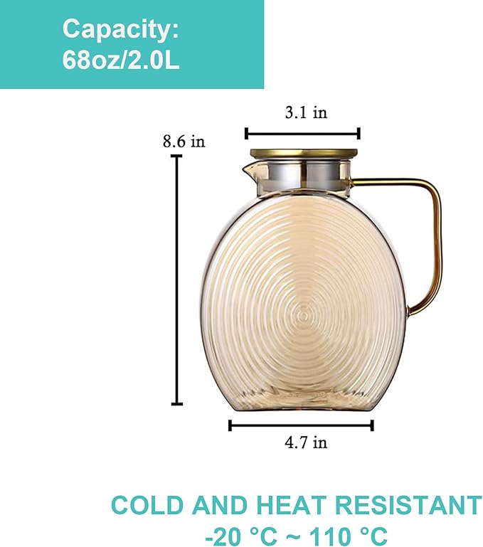 Glass Water Pitcher with Lid for Fridge- 2L Borosilicate Glass Juice Pitcher, Sun Tea Jar Lemonade Drink pitchers Water Jug for Party